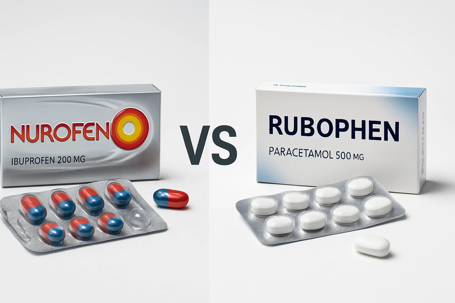 Nurofen és Rubophen gyógyszerek csomagolása és tablettái, fájdalomcsillapítók.