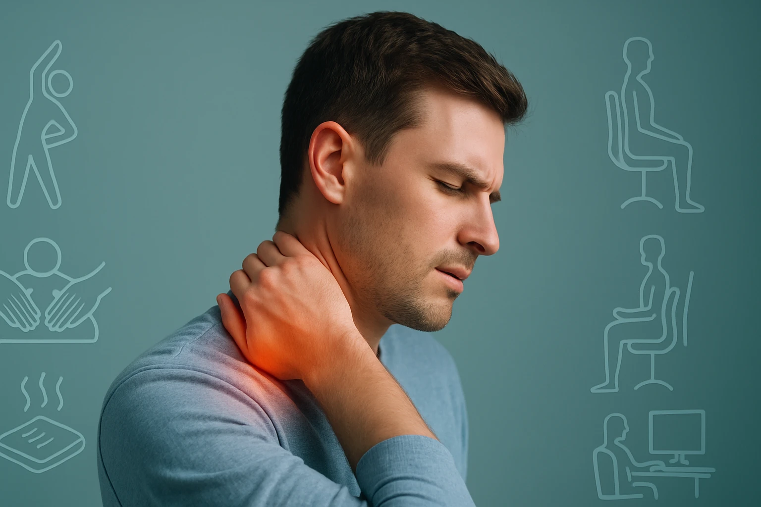 Egy férfi fájdalmas arckifejezéssel fogja a nyakát, háttérben egészséges életmód ikonokkal.