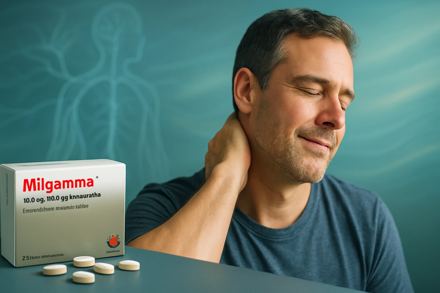 Egy férfi, aki a nyakát masszírozza, mellette Milgamma gyógyszer doboza látható.