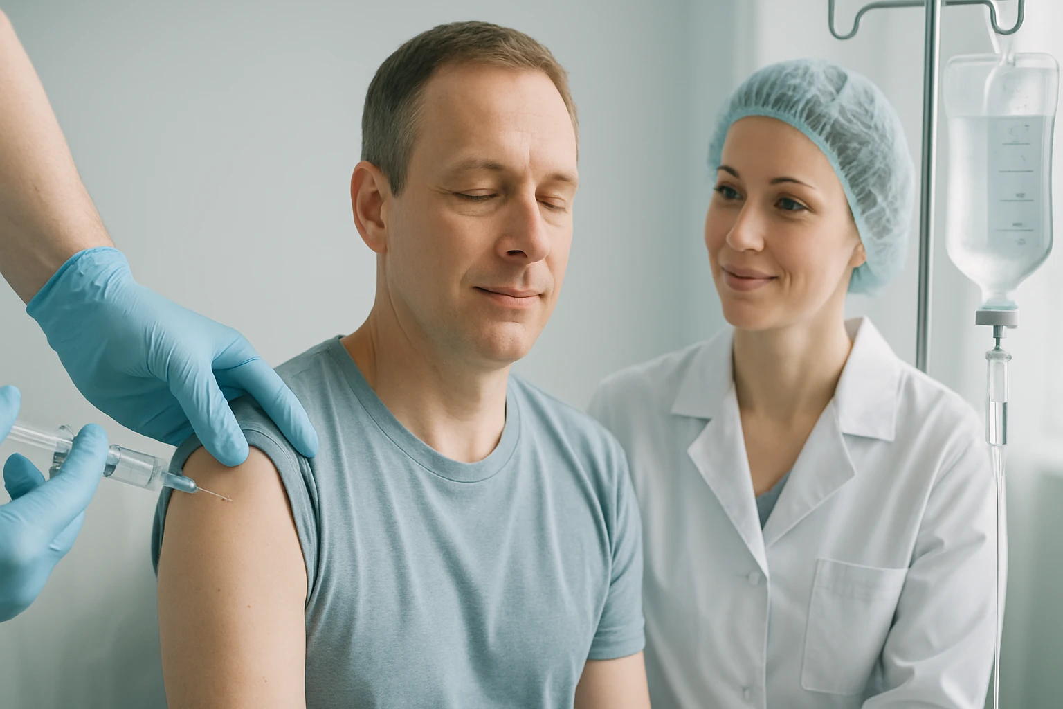 Egy férfi oltásra készül, miközben egy nővér figyelmesen nézi őt.