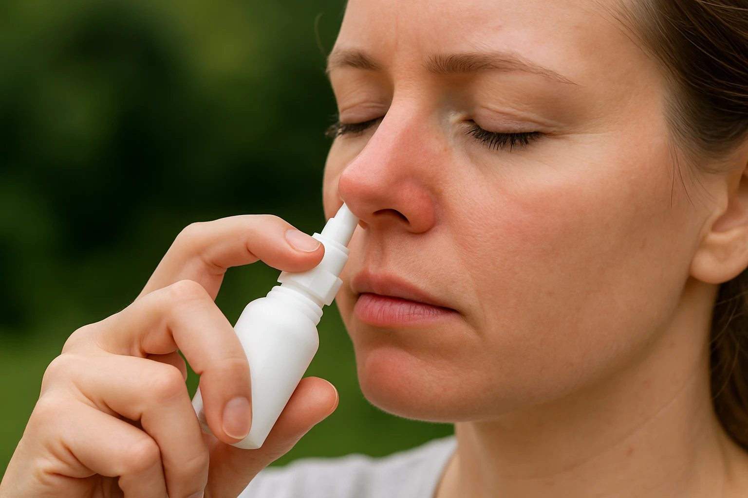 Egy nő orrspray-t használ, miközben a szabadban áll.