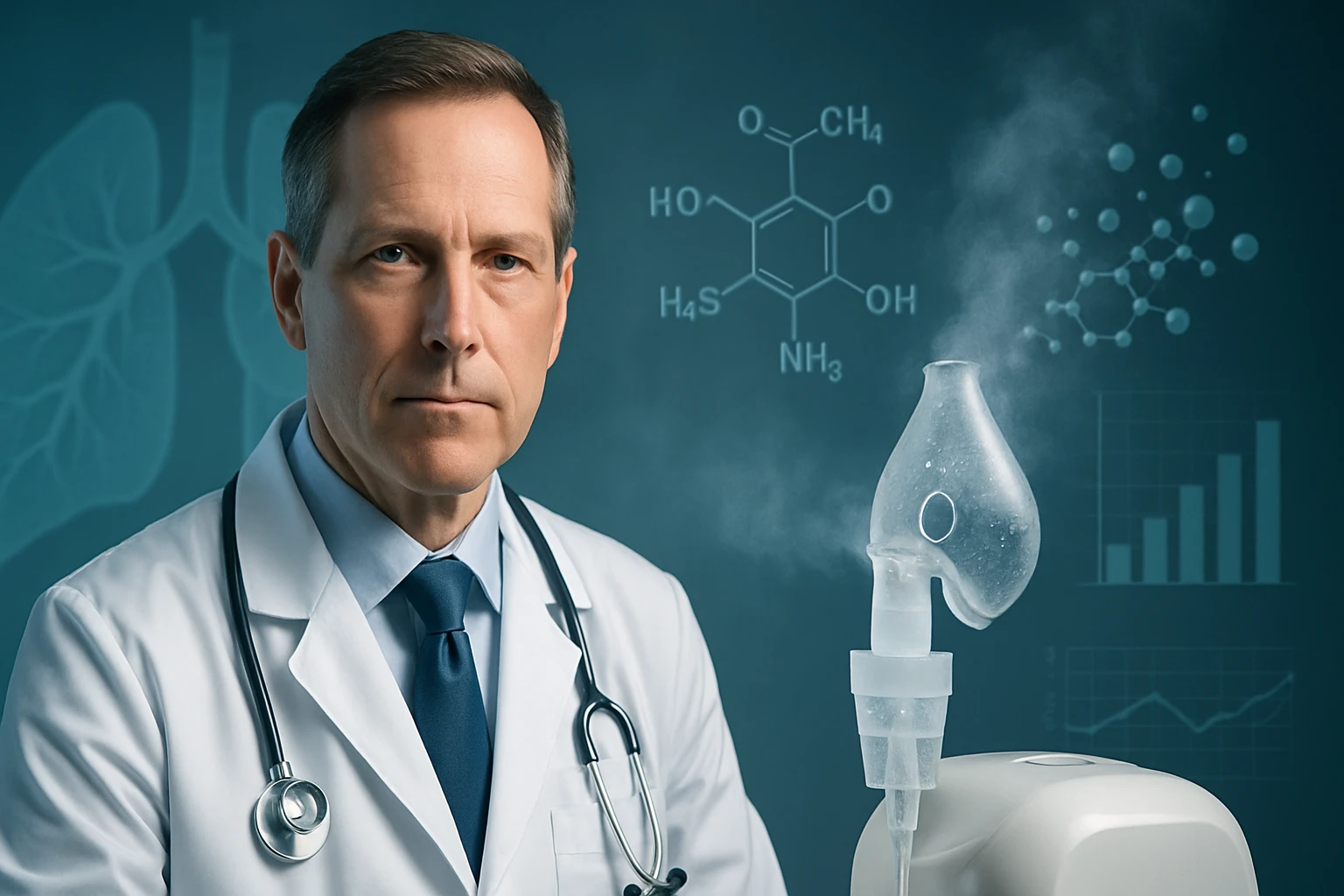 Egy orvos néz a kamerába, mellette inhaláló készülék és kémiai képletek láthatók.