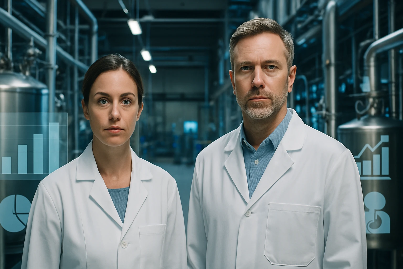 Két orvos fehér köpenyben, laboratóriumi környezetben, komoly arckifejezéssel.