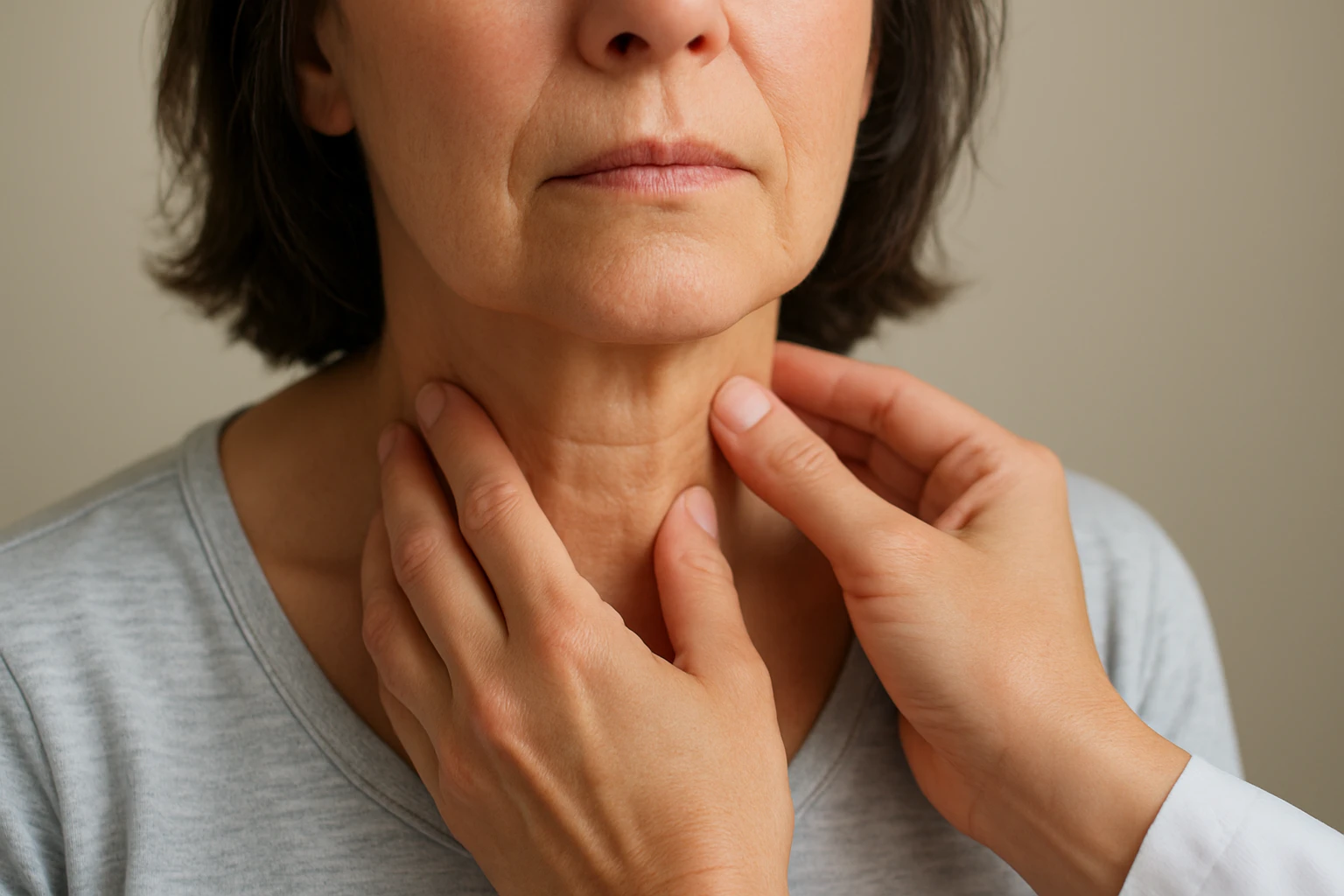Egy női páciens nyakát vizsgálja egy orvos, aki tapintással ellenőrzi az állapotát.