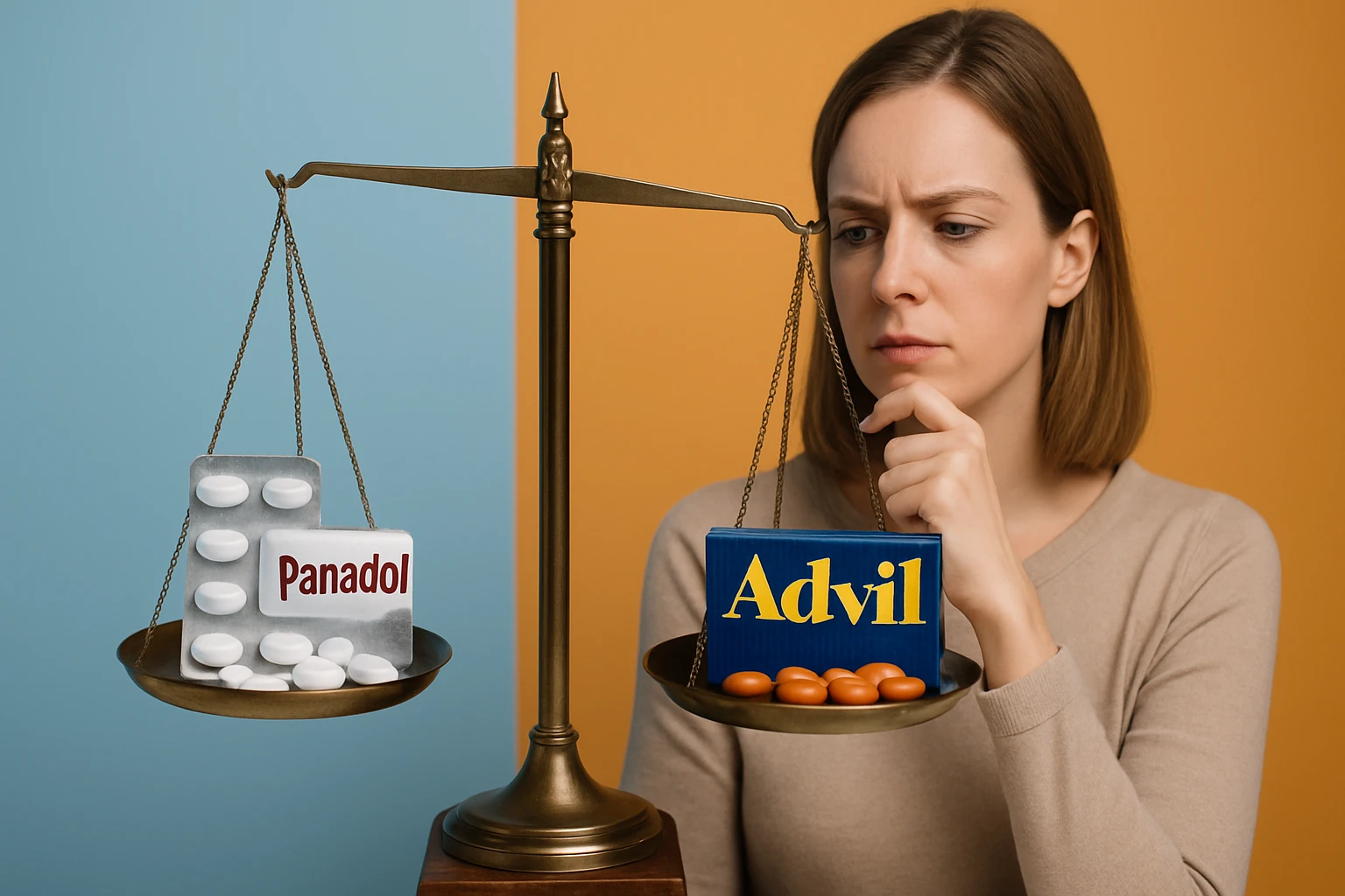 Egy nő mérleggel hasonlítja össze a Panadol és Advil gyógyszereket.