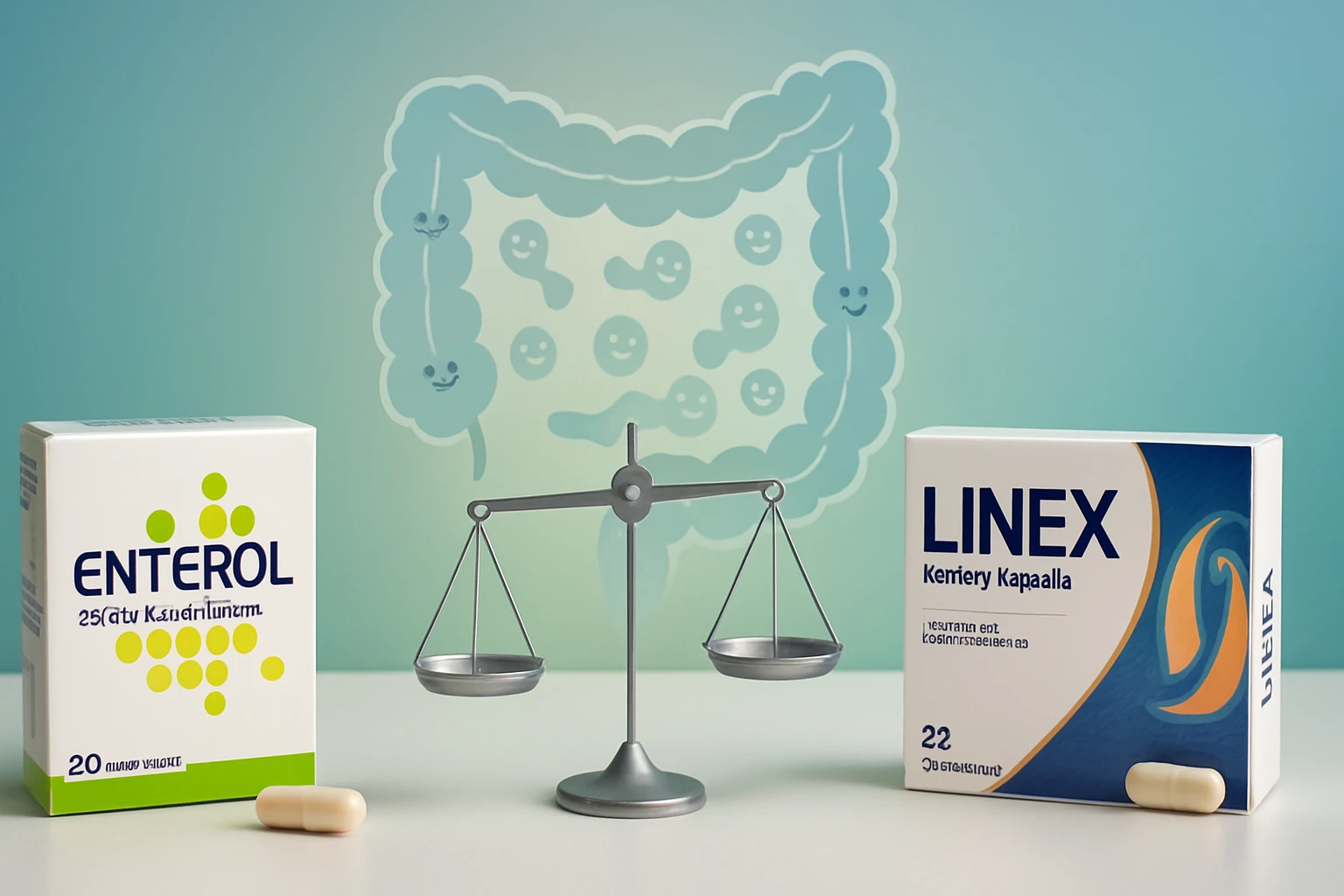 Két probiotikum doboz, Enterol és Linex, egy mérlegen áll, háttérben bélflóra ábrázolással.