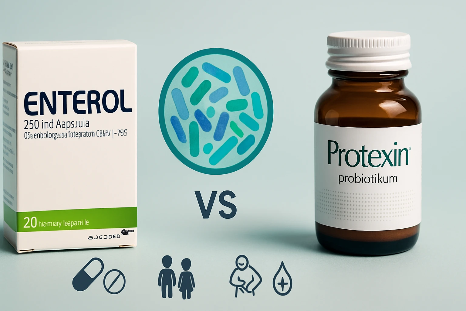Két probiotikum termék, az Enterol és a Protexin, valamint egy mikrobák szimbóluma.