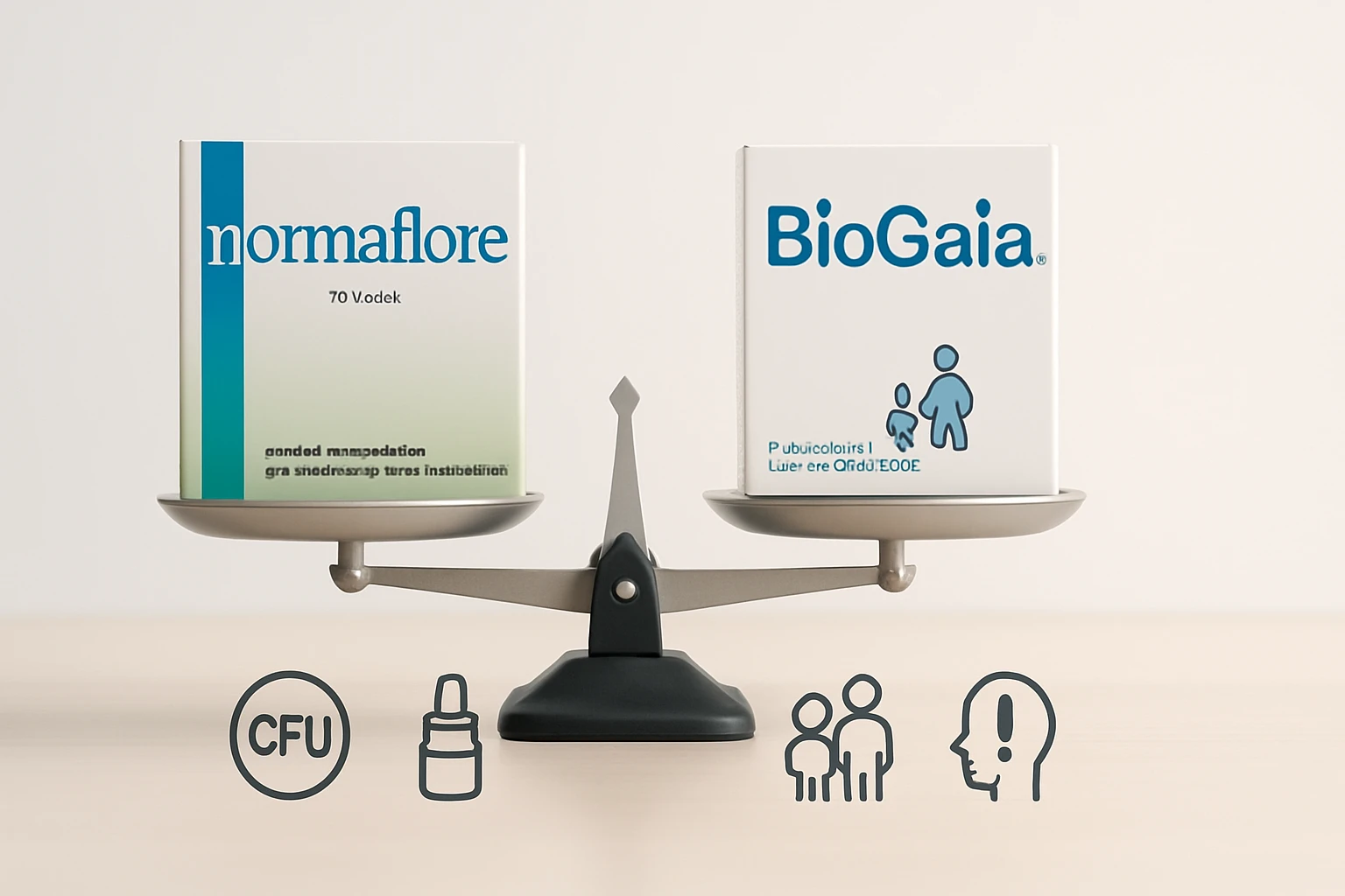 Két probiotikum doboza egy mérlegen, a normaflore és a BioGaia.