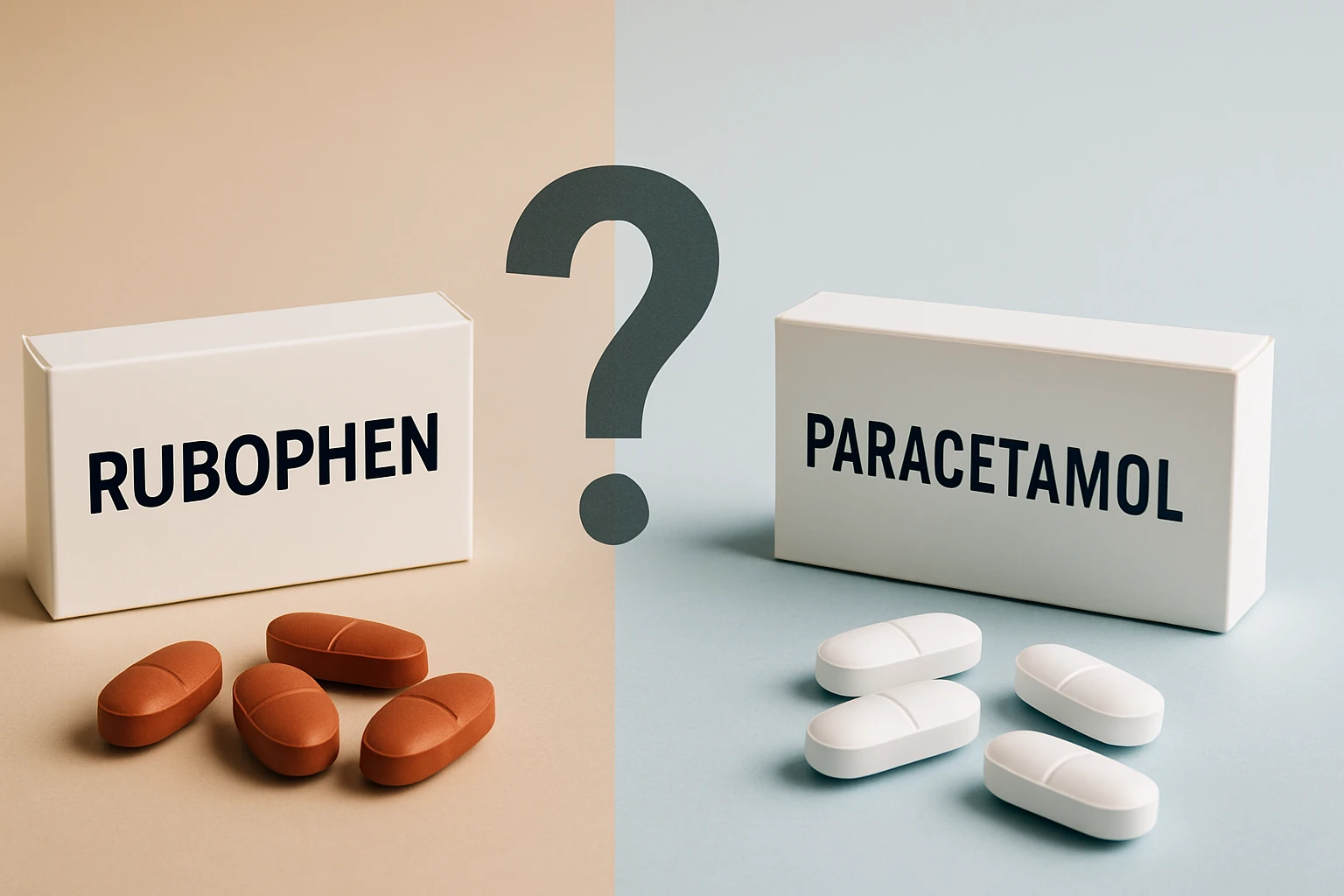 Két különböző gyógyszer, Rubophen és Paracetamol, különböző színű tablettákkal.