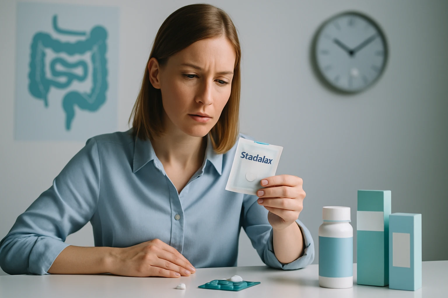 Egy nő figyelmesen nézi a Stadalax gyógyszer csomagolását, miközben asztalon ül.