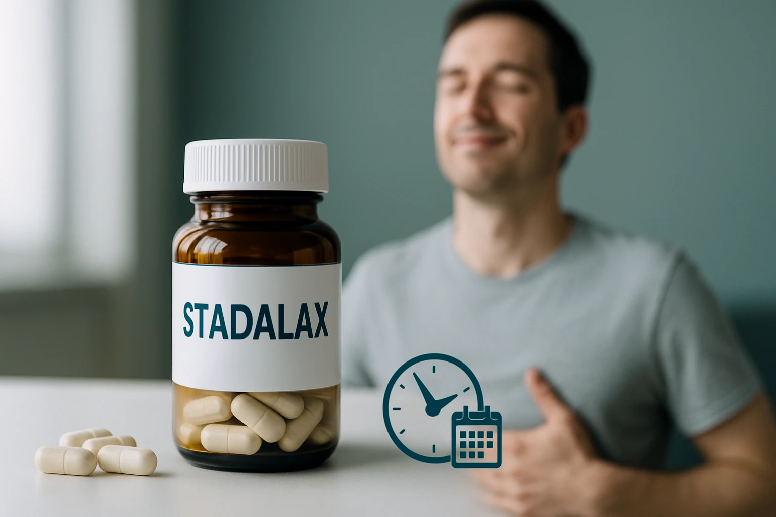 Egy üveg STADALAX kapszula, mellette egy férfi, aki megkönnyebbült.