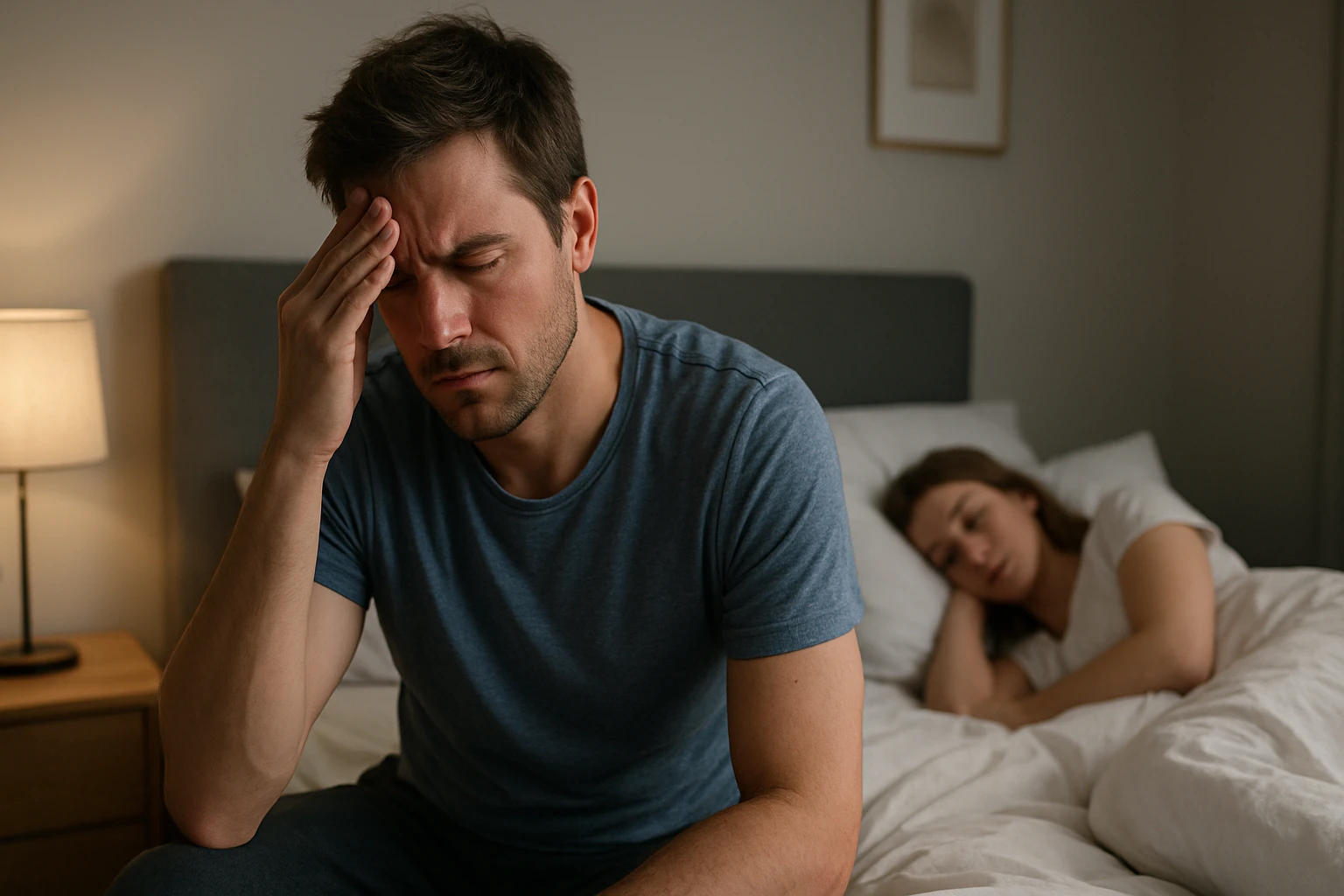 Egy férfi fáradtan ül az ágy szélén, kezét a homlokára téve, míg a nő alszik mellette.