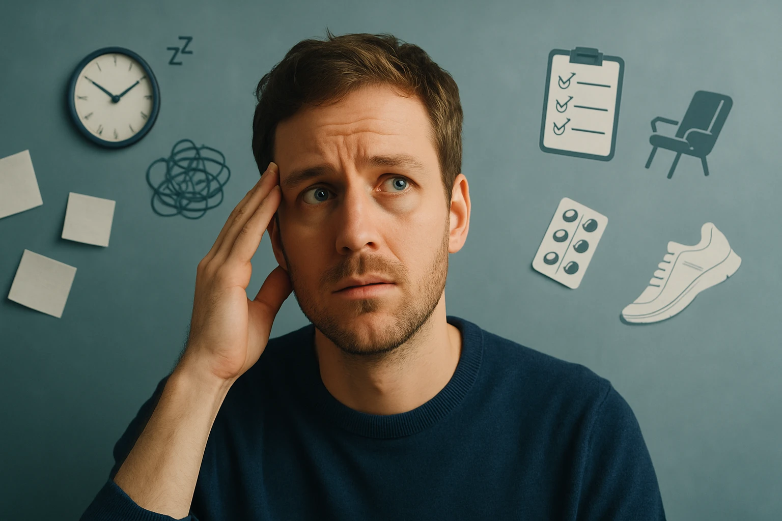 Egy férfi aggódva néz, kezét a fején tartva, háttérben egészségi szimbólumokkal.