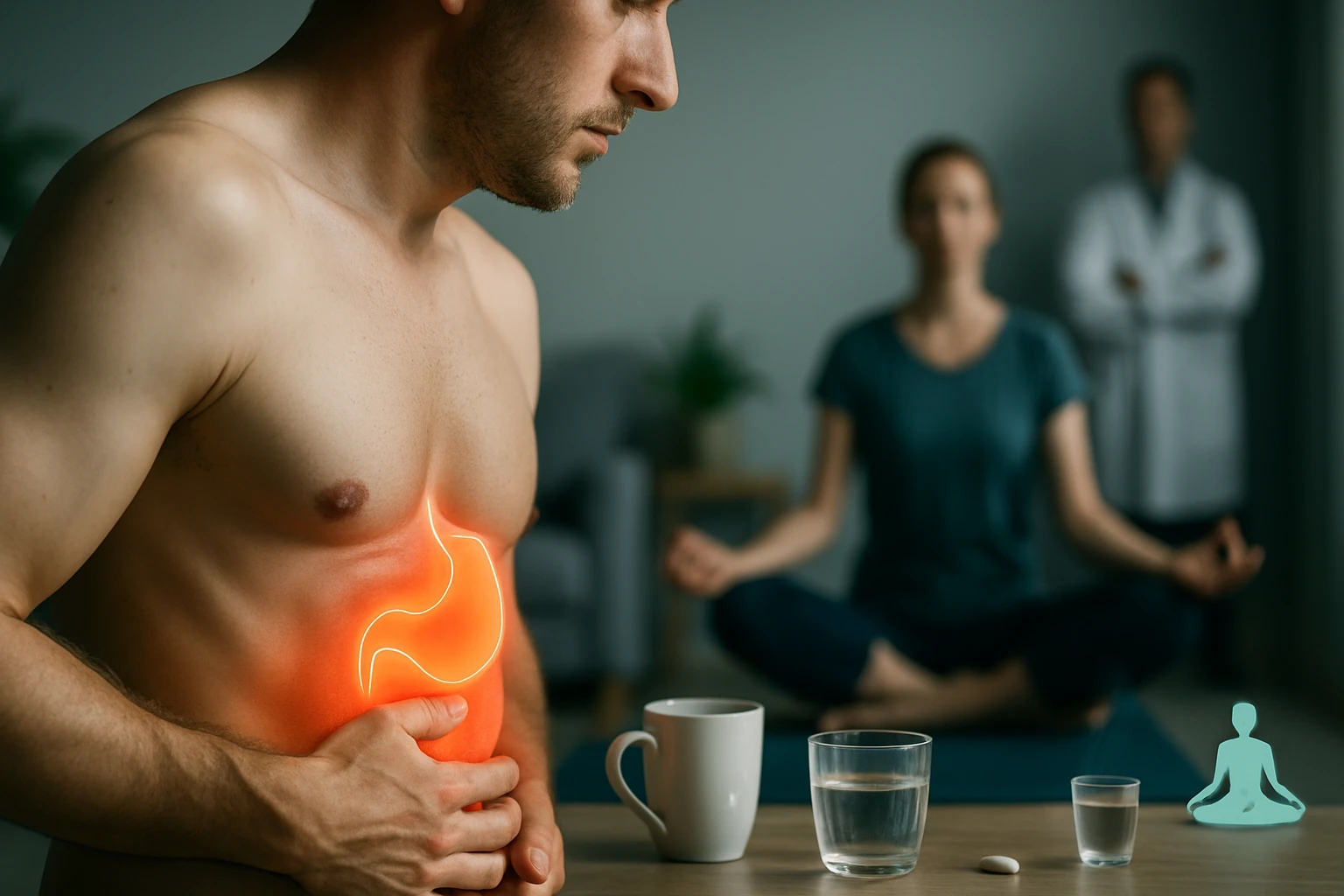 Egy férfi fájdalmasan fogja a hasát, miközben egy nő meditál a háttérben.