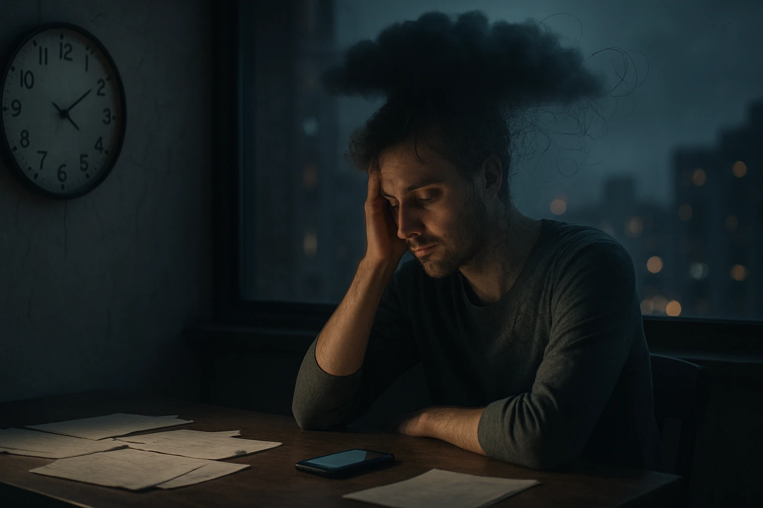 Egy fiatal férfi ül egy asztalnál, kezét a fején tartva, stresszes arckifejezéssel.