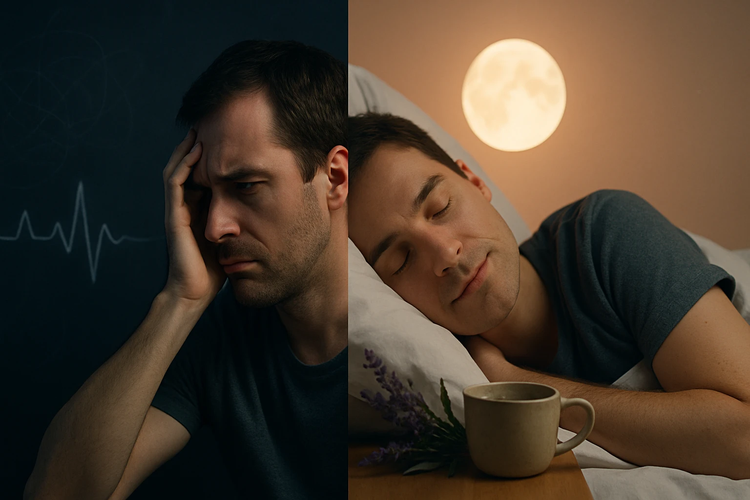 Egy férfi feje a kezében, mellette egy másik férfi békésen alszik.