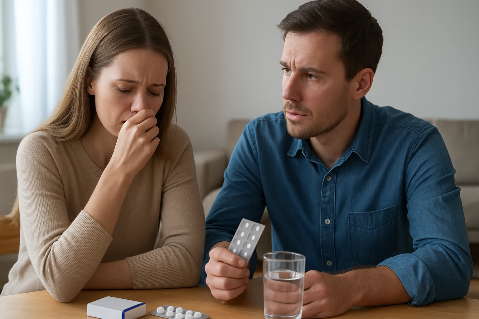 Egy nő szorongva néz, míg a férfi gyógyszert tart a kezében.
