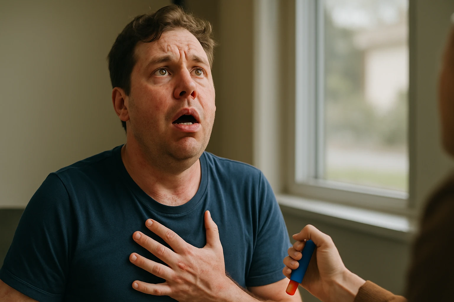 Egy férfi szorongva fogja a mellkasát, miközben segítséget kér.