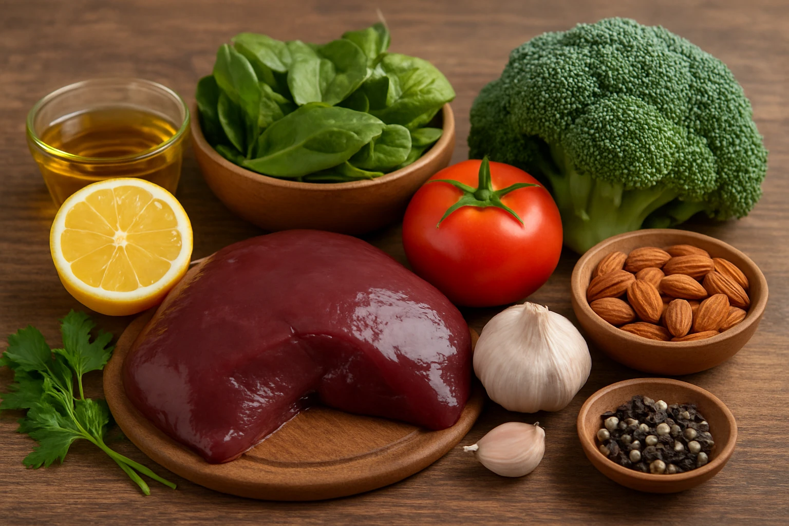 Friss zöldségek, máj, fokhagyma és mandula egy fából készült tányéron.