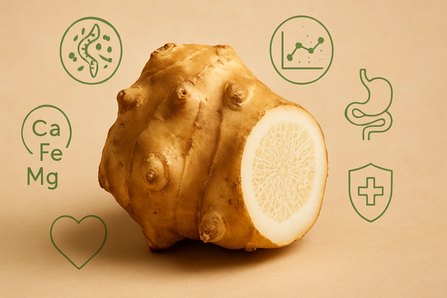 Egy félbevágott gyökérzöldség, körülötte tápanyag ikonokkal.