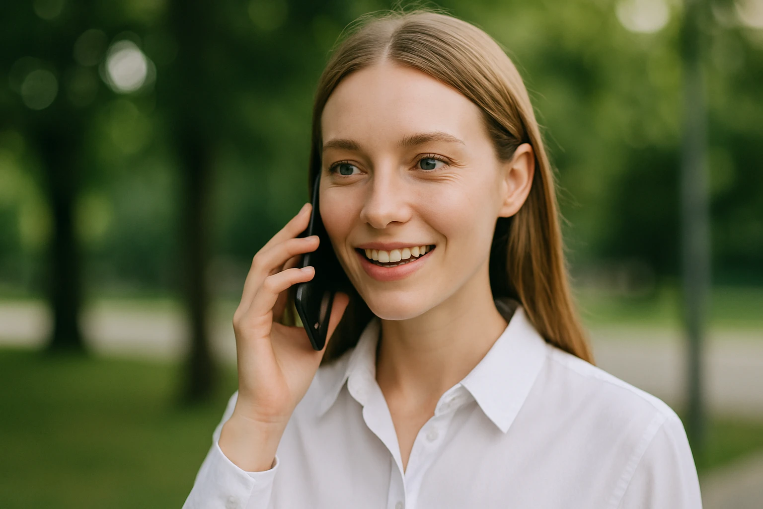 Egy fiatal nő mosolyogva telefonál egy zöld parkban.