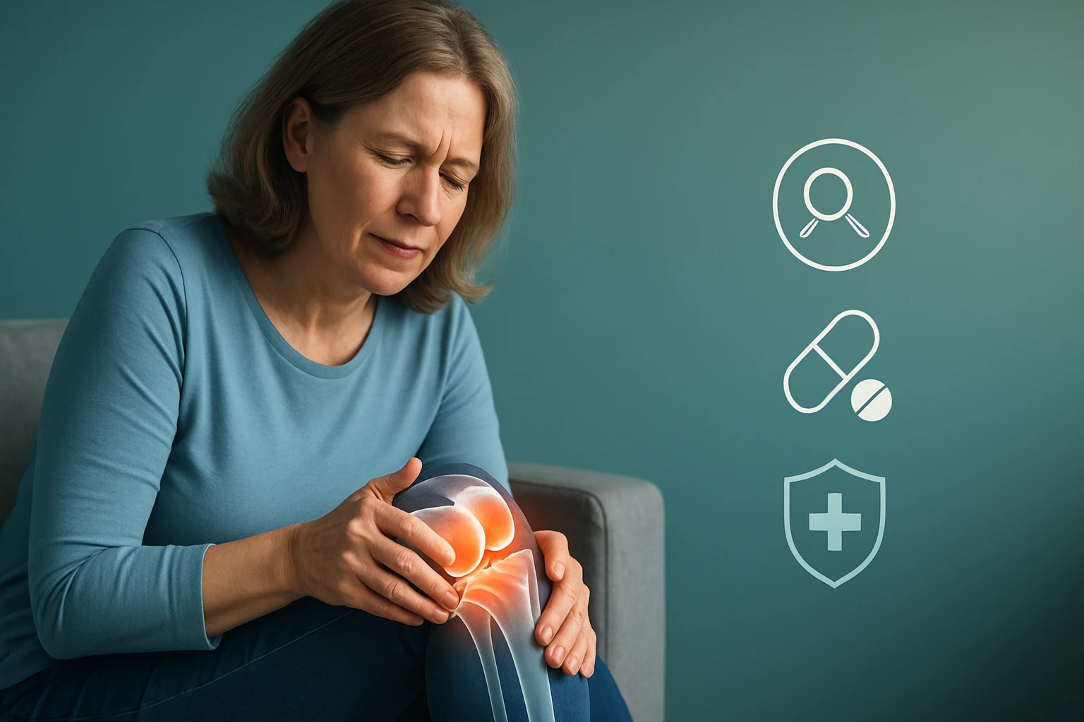 Egy középkorú nő fájdalmas arccal fogja a térdét, jelezve a fájdalmat.