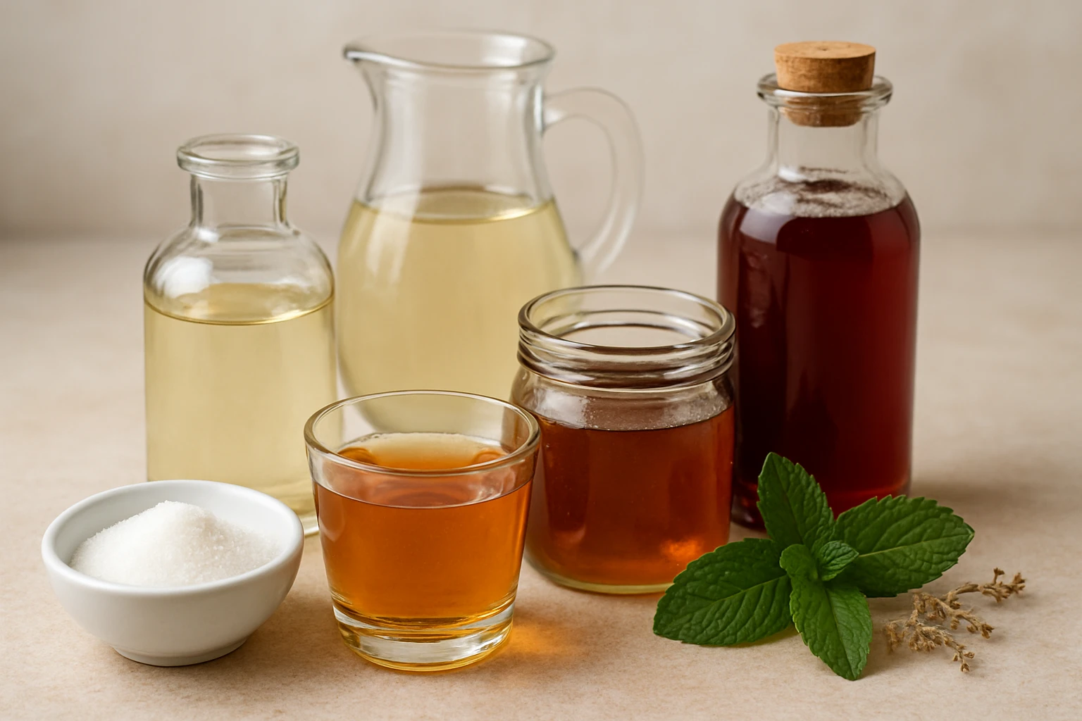 Különböző üvegekben és poharakban édesítőszerek, mint méz és cukor, valamint friss menta.