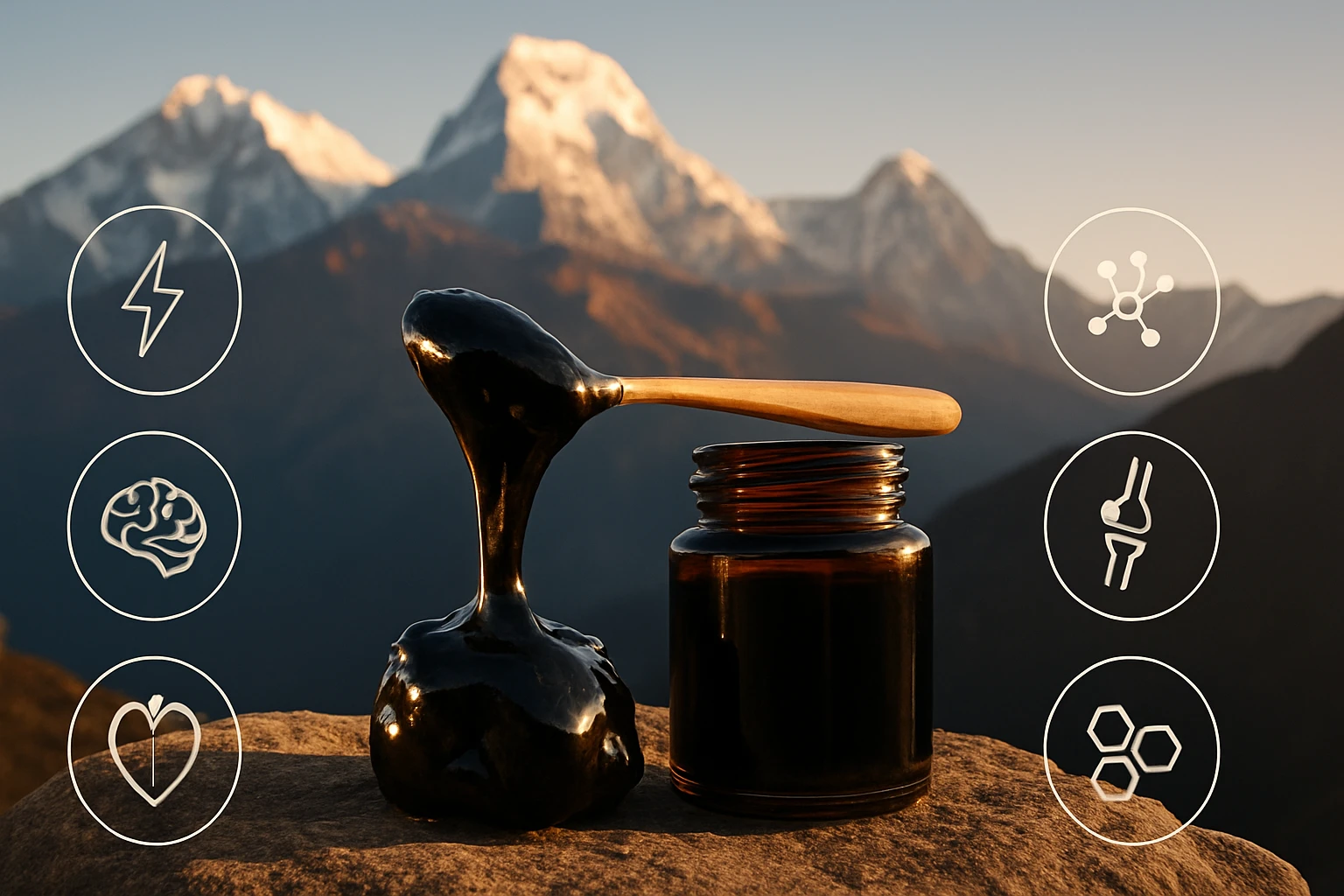 Egy fekete, sűrű anyag, amely egy fakanálról csöpög, háttérben hegyekkel.