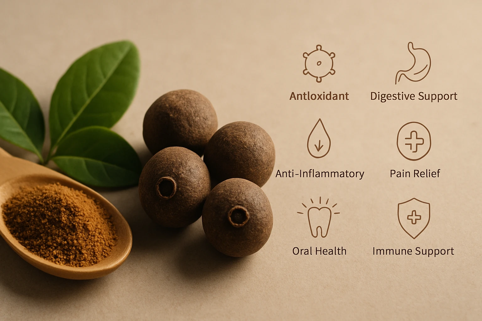 Egy fakanálban fűszerpor és három barna gyümölcs látható, zöld levelekkel.