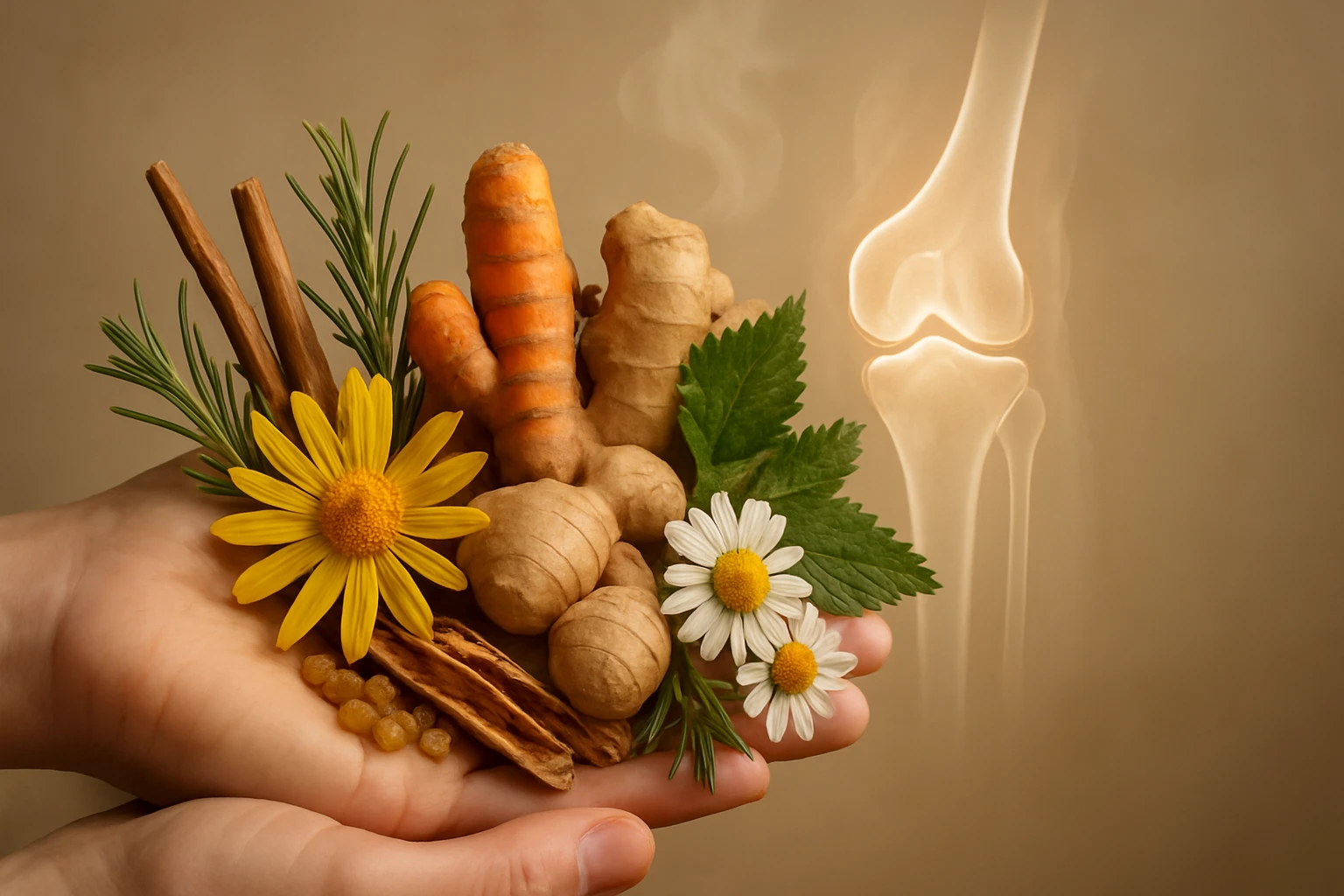 Kézben tartott gyógynövények, mint a gyömbér, kurkuma és virágok, a csontok egészségéért.