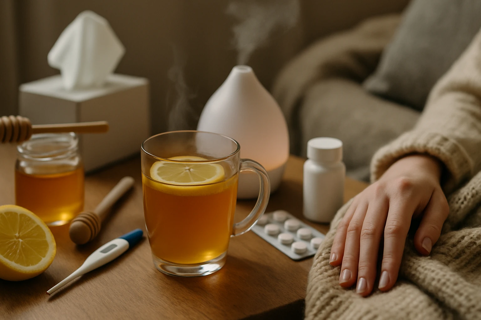 Egy pohár citromos tea gőzölög, mellette méz, gyógyszerek és hőmérő.
