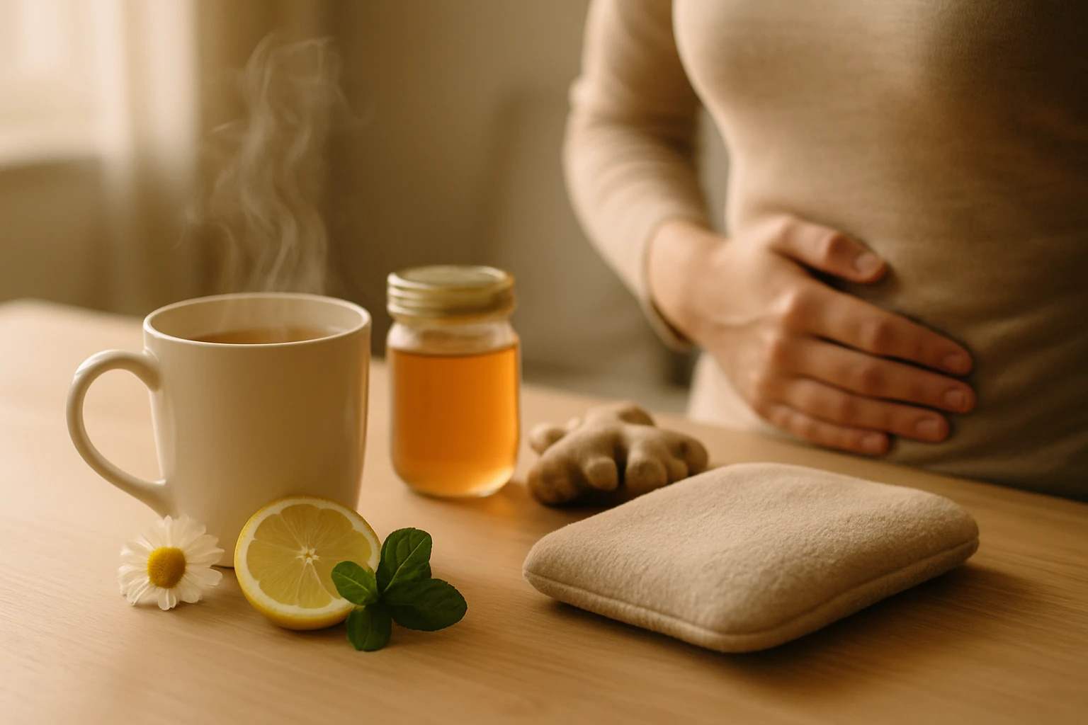 Gőzölgő tea, citrom, méz és gyömbér egy asztalon, kéz a hason.