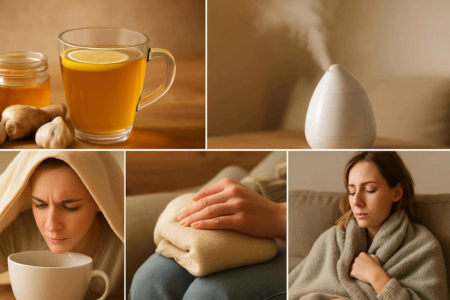 Egy csésze gyömbértea, méz és gőzölő a megfázás elleni otthoni gyógymódokhoz.