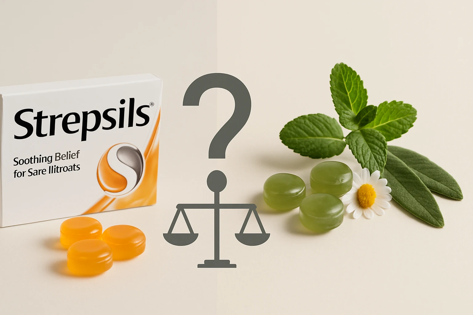 Strepsils gyógyszer doboza, sárga és zöld cukorkák, friss menta és kamilla virág.