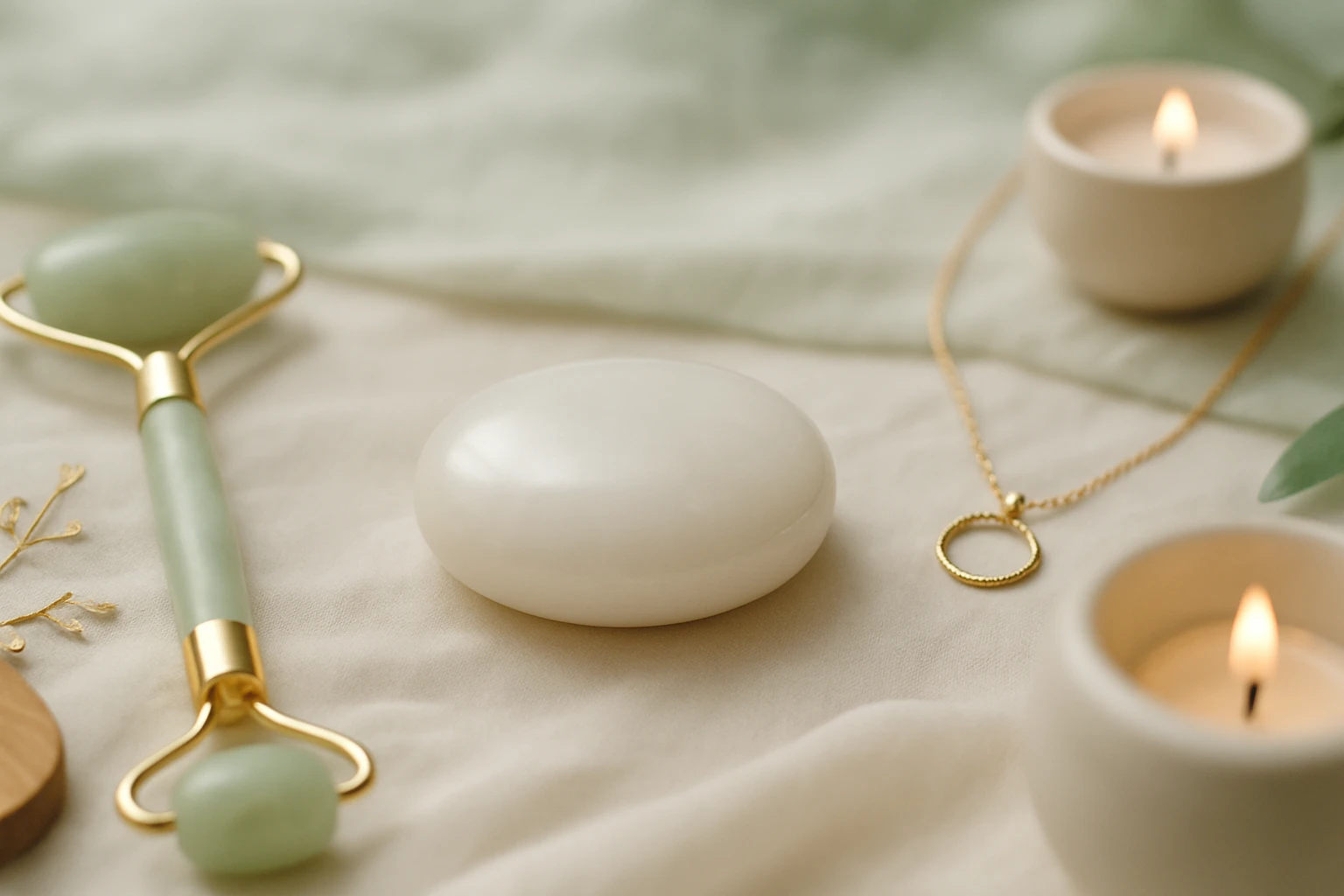 Egy fehér, sima kő és egy zöld jade roller egy puha textílián, gyertyákkal.