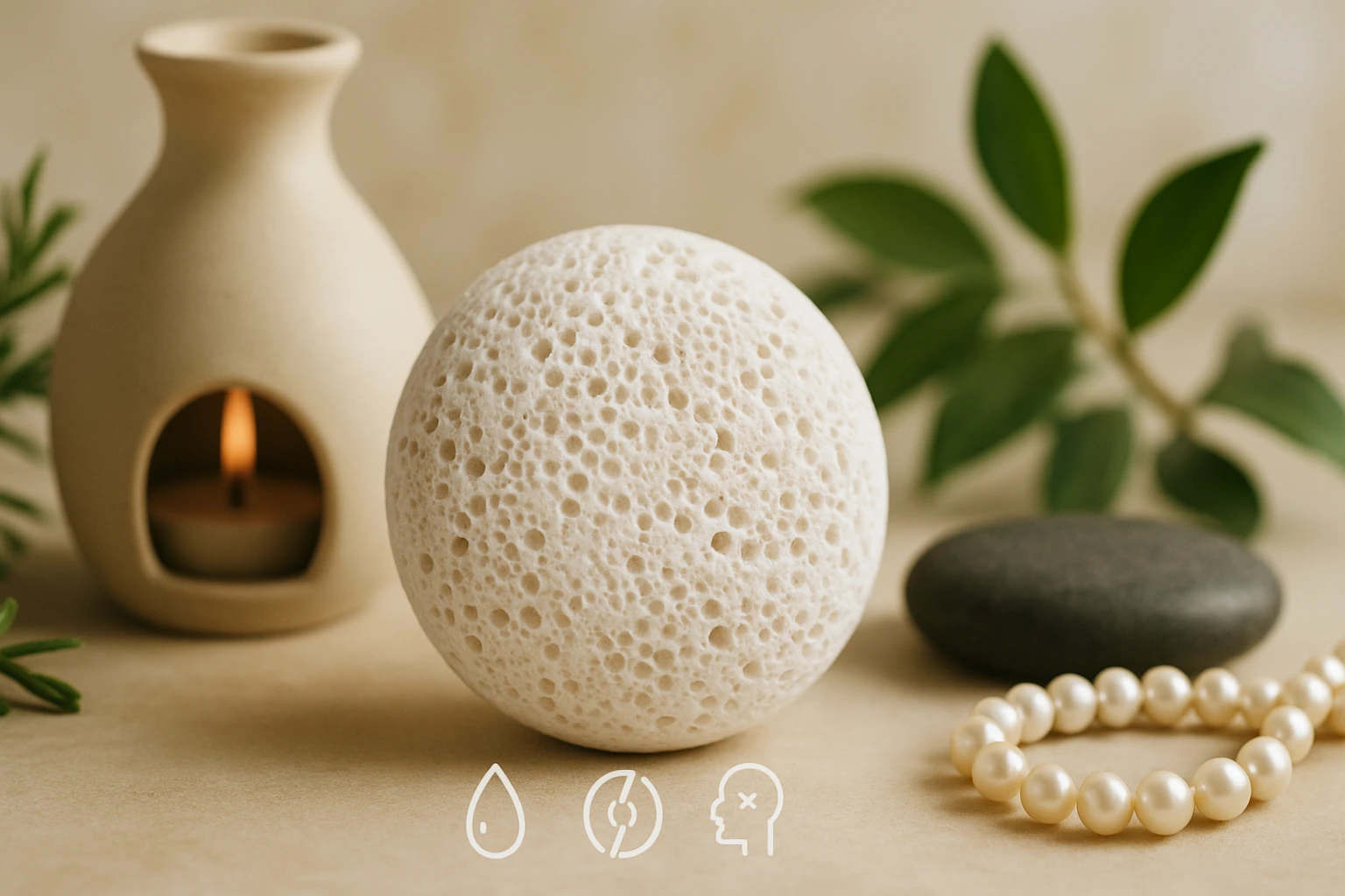 Egy fehér, lyukacsos kő, mellette gyertya, sima kő és gyöngysor.