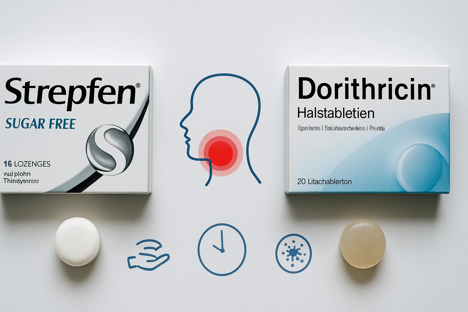 Két különböző torokfertőtlenítő tabletta doboza, fehér háttérrel.