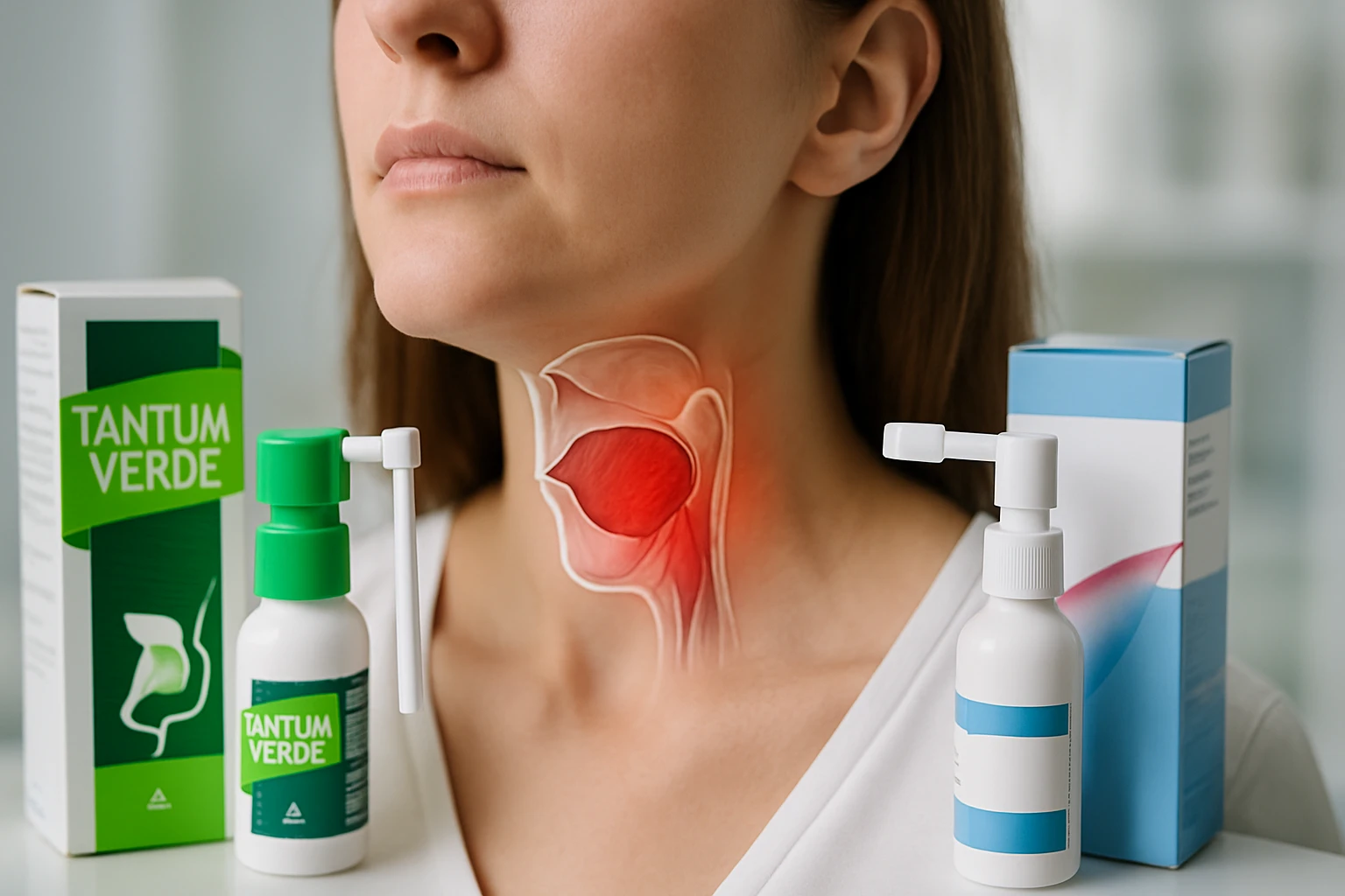 Egy női arc, a nyakán látható a torok anatómiai ábrázolása, mellette gyógyszerek.