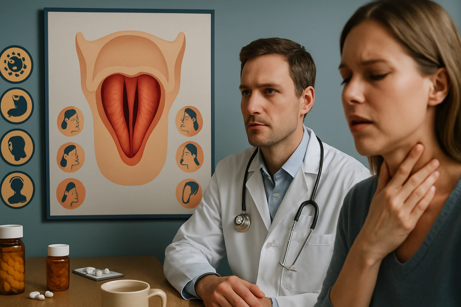 Egy orvos és egy beteg ülnek egy rendelőben, a beteg torokfájásra panaszkodik.