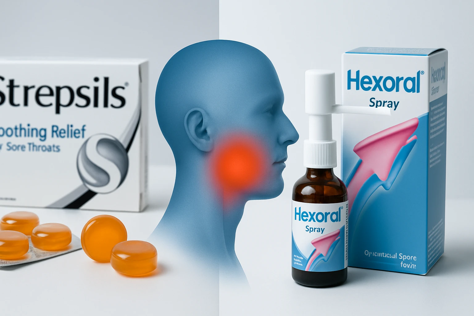 Kék színű emberi fej, piros fájdalommal a torok területén, Strepsils és Hexoral spray a háttérben.