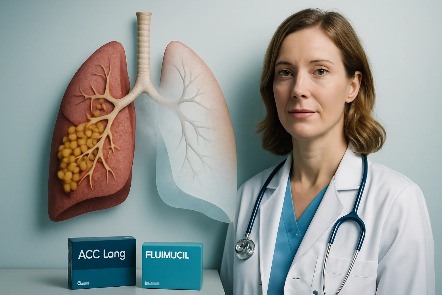 Egy orvos áll a tüdőmodell előtt, amelyen látható a légutak és a hörgők szerkezete.