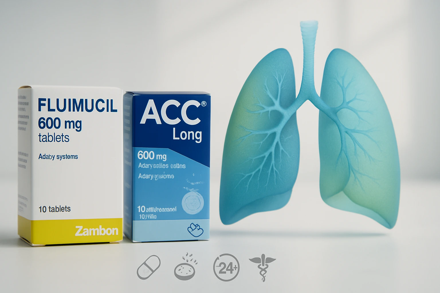 Két gyógyszer doboza, FLUIMUCIL és ACC Long, mellettük egy stilizált tüdőábra.