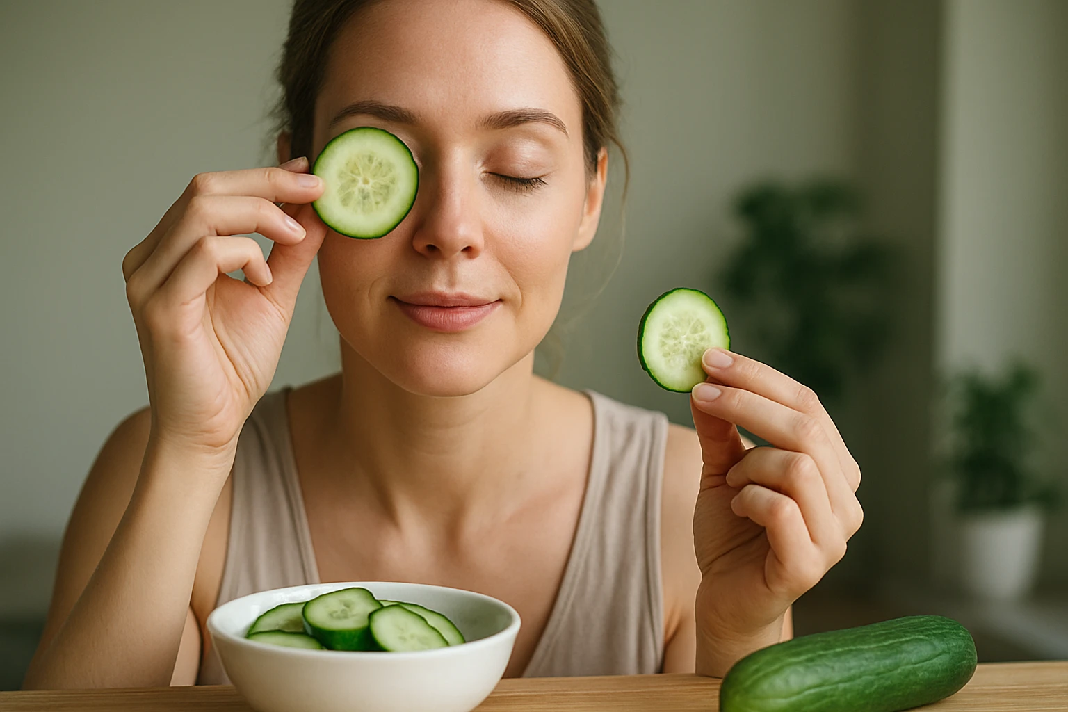 Egy nő uborkaszeleteket tart a szeménél és a kezében, mosolyogva.