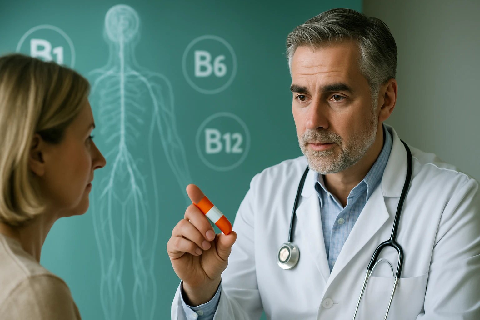 Egy orvos beszélget egy pácienssel a vitaminok fontosságáról.