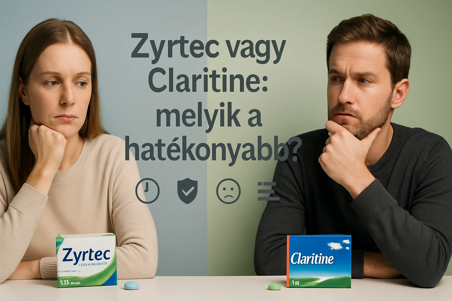 Egy nő és egy férfi gondolkodva ülnek, előttük Zyrtec és Claritine dobozok.